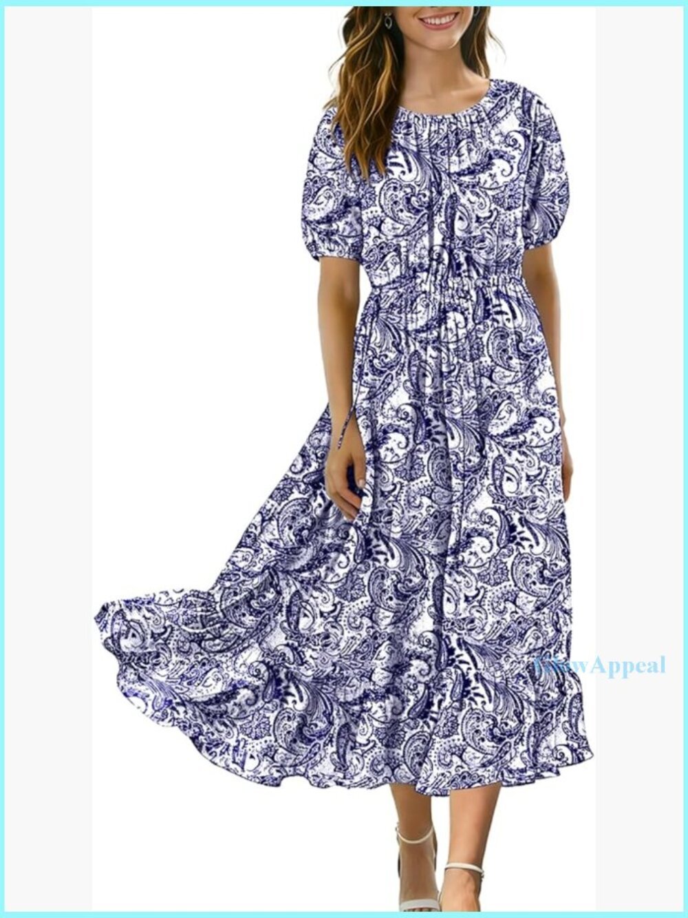 Summer Maxi Dress with Puff Sleeves Drawstring Waist Pockets Tiered Hem